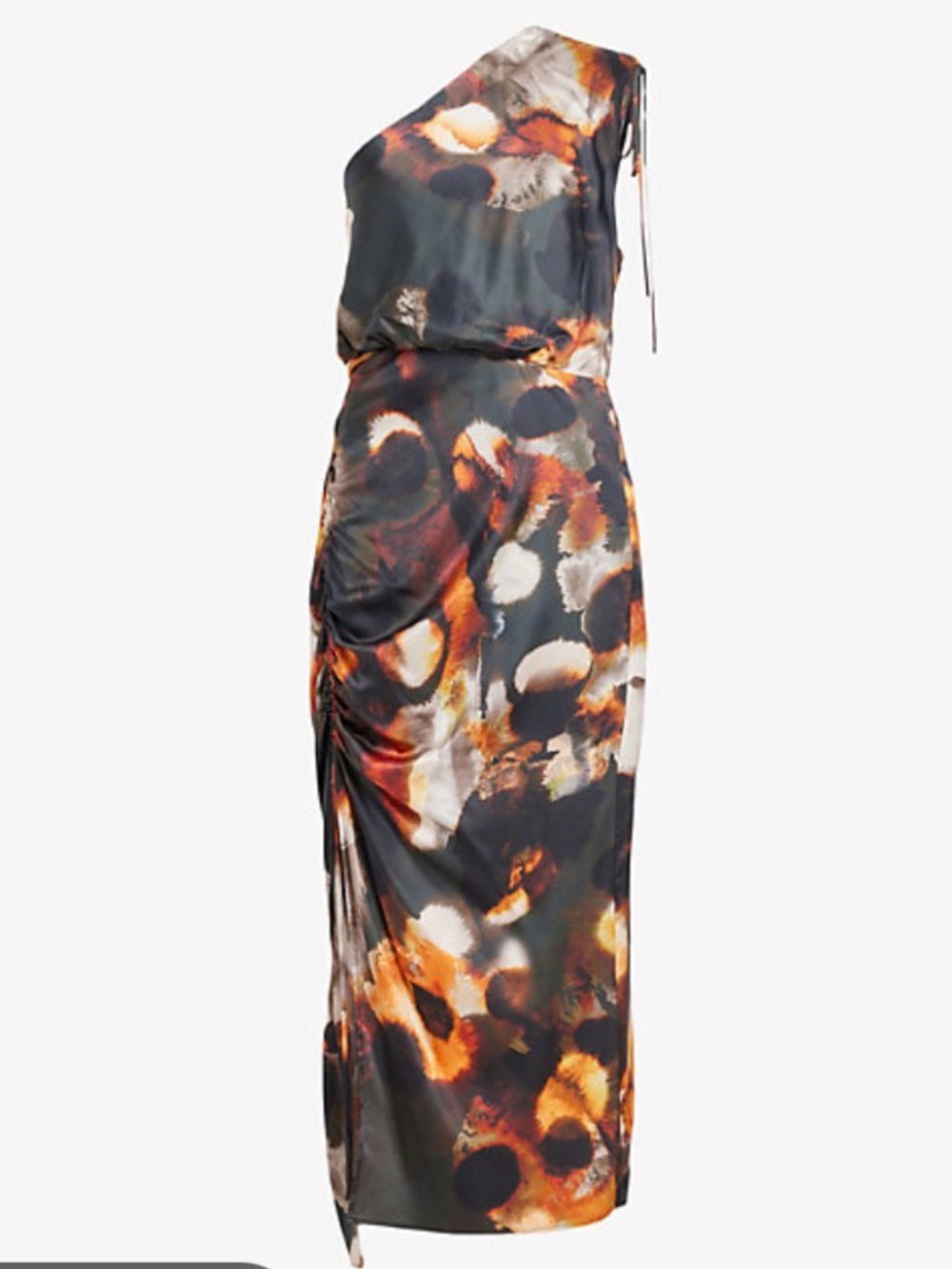 AllSaints One-Shoulder Midi Dress in Black, Orange & Cream Abstract Print